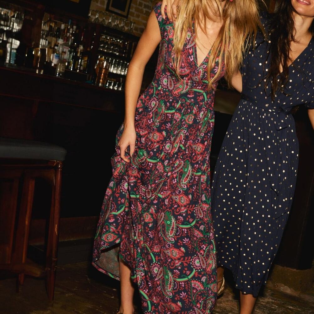 Boden Tiered Crossover V Neck Maxi Dress in Multicolor Paisley Print Sz 6R